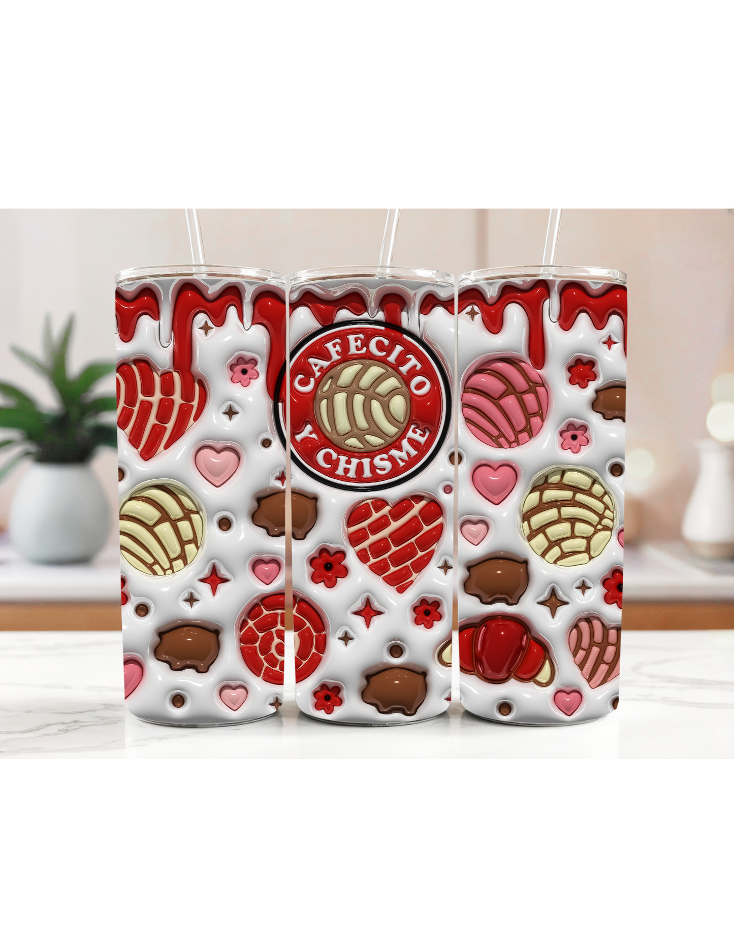 Decorative coffee tumbler with vibrant pastry patterns and text "Cafecito Y Chisme".