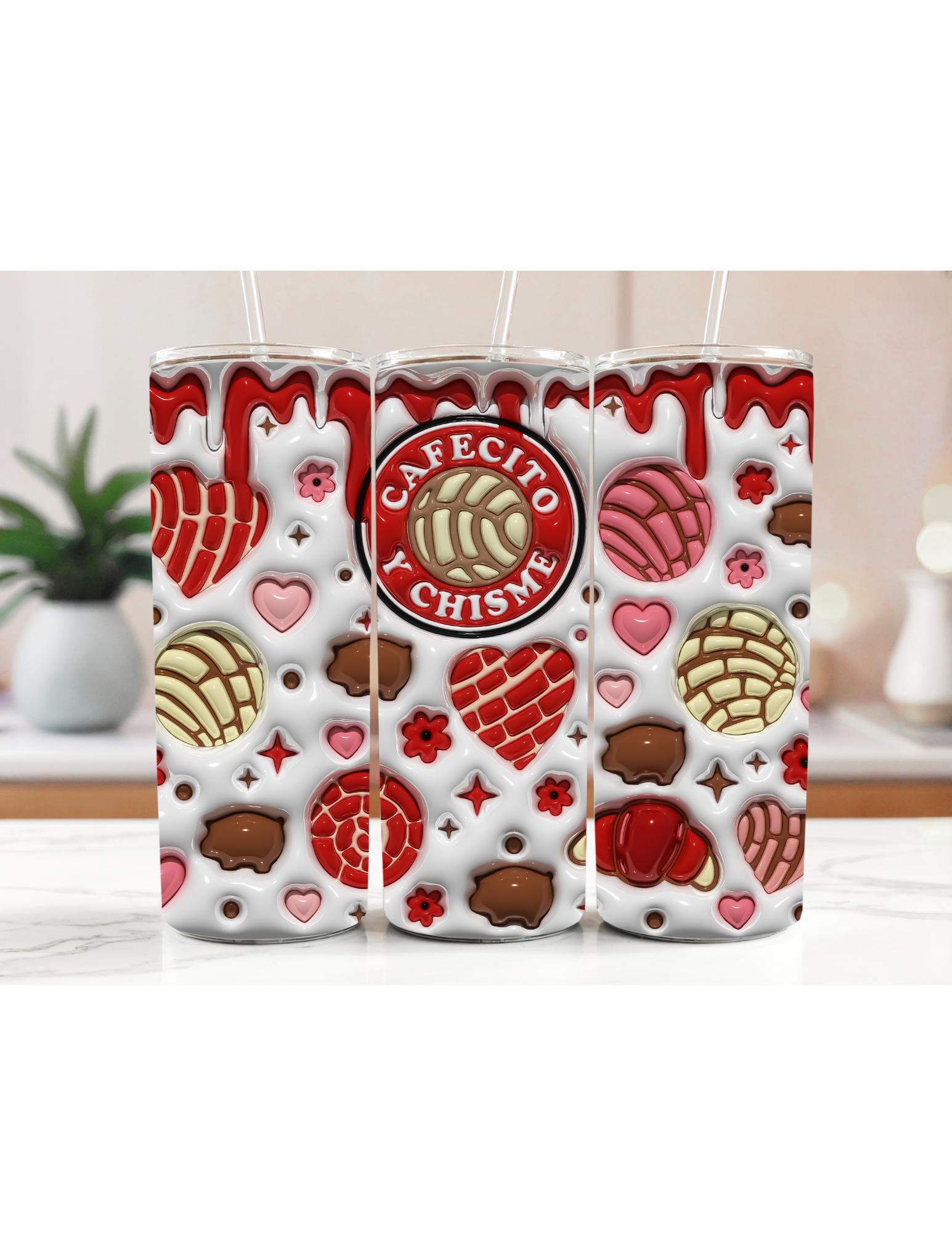 Decorative coffee tumbler with vibrant pastry patterns and text "Cafecito Y Chisme".