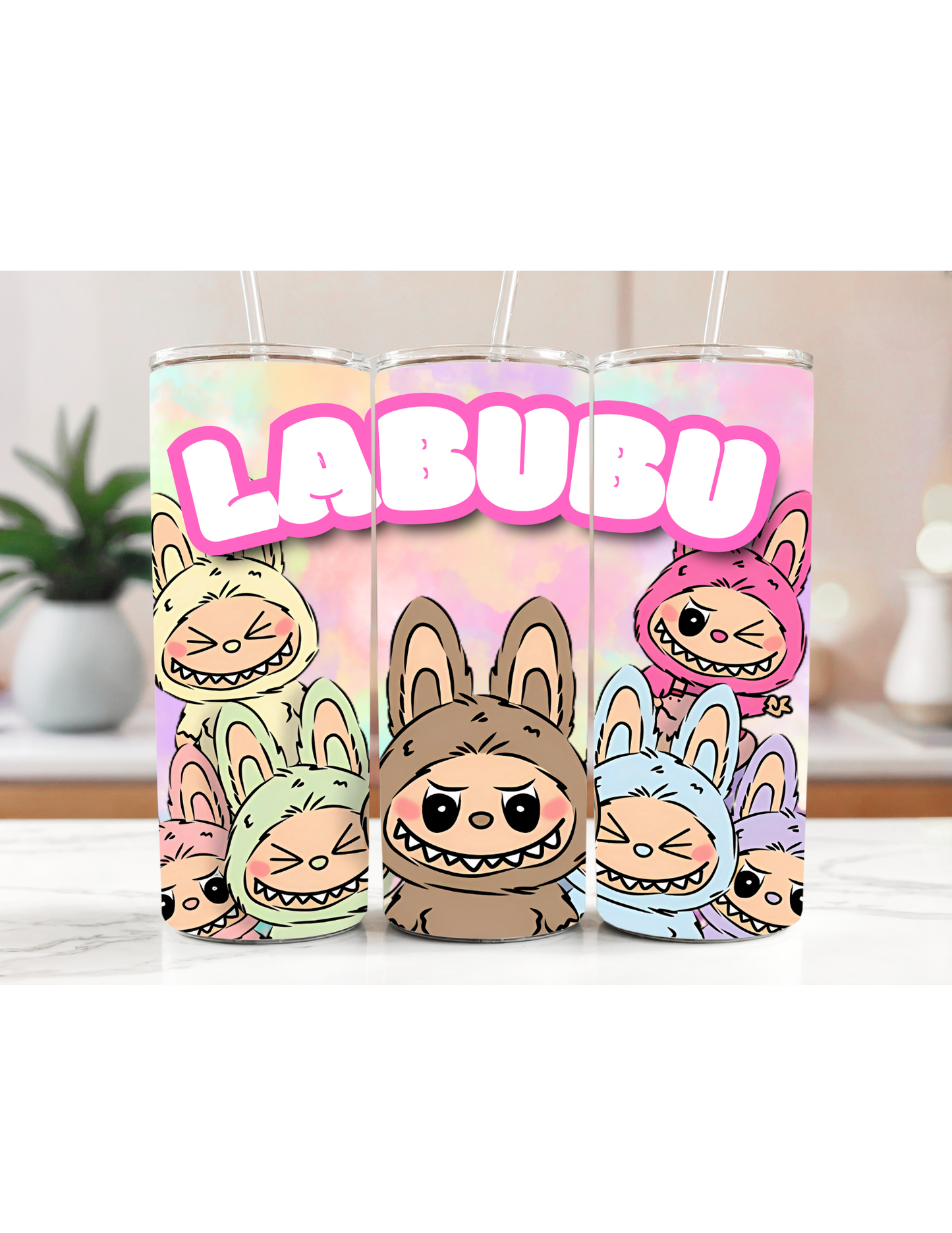 Colorful labubu tumbler with whimsical character illustrations, made from stainless steel with double-wall insulation for temperature retention.