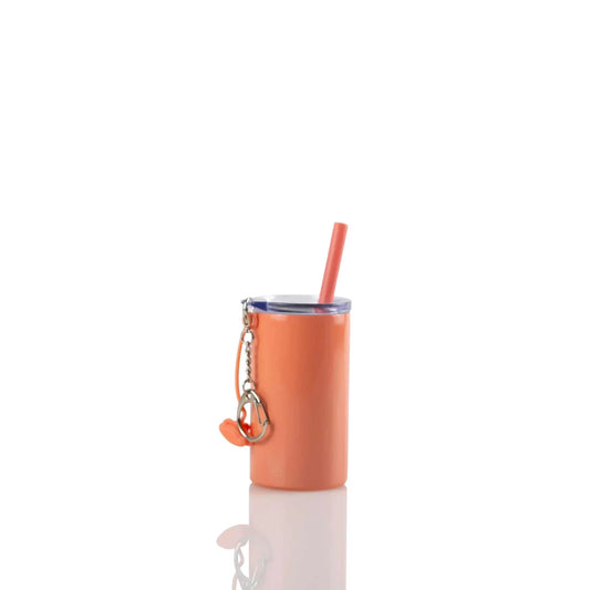 Orange tumbler with lid, straw, and keychain attachment.