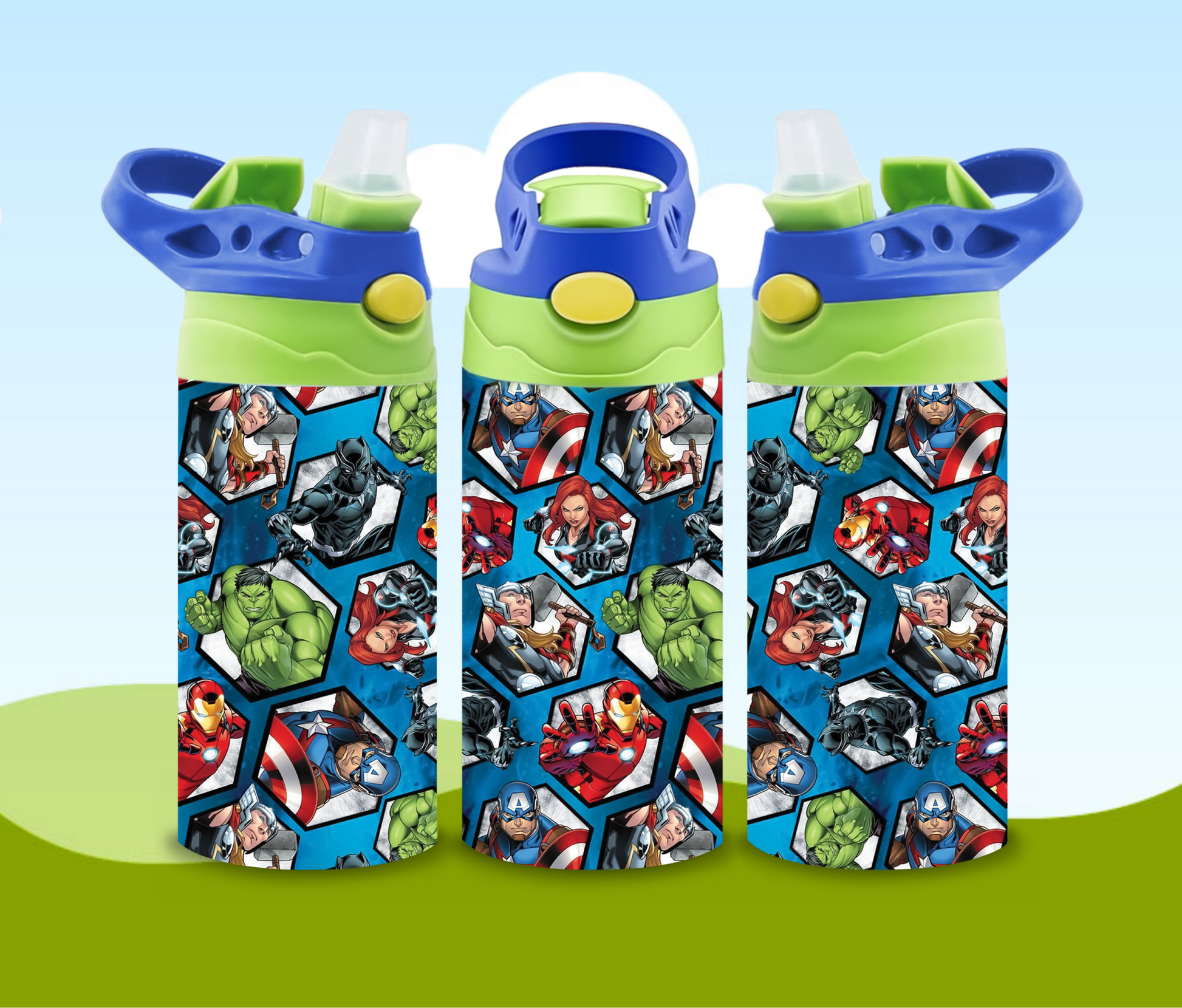 Colorful flip top tumbler with superhero design for kids, featuring secure lid and easy sip spout.