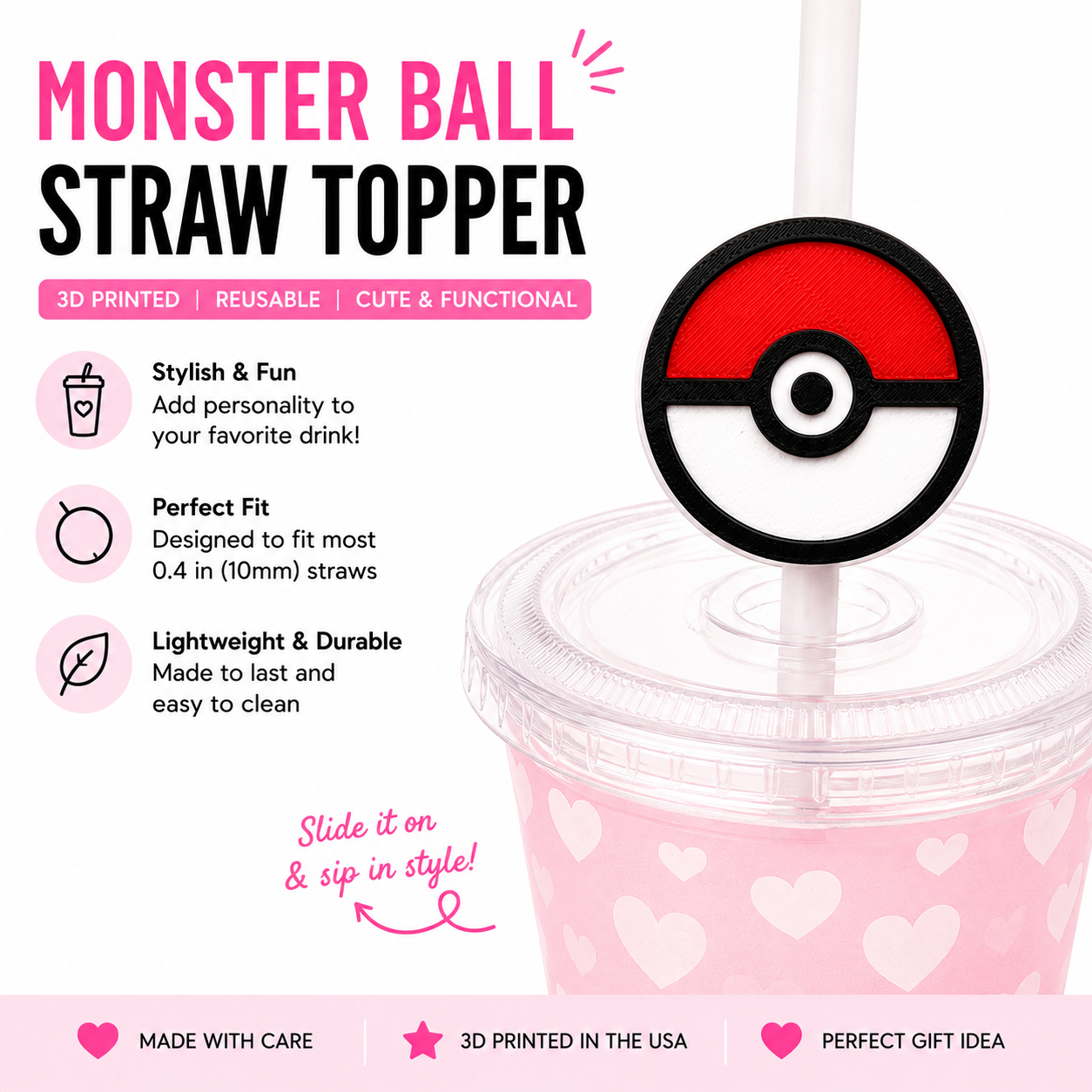 Red and white Monster Ball inspired 3D printed straw topper attached to a reusable tumbler straw