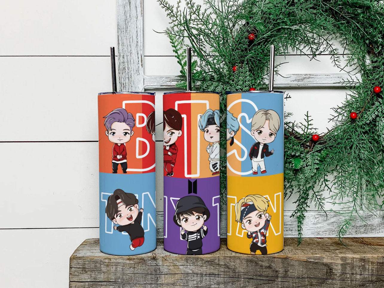 20oz BTS Tumbler with vibrant BTS artwork and stainless steel design.