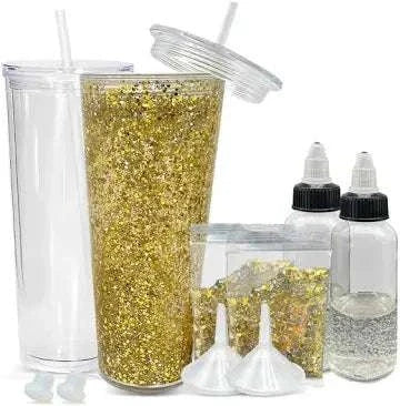 Snow Globe Tumbler DIY kit with glitter and crafting supplies.