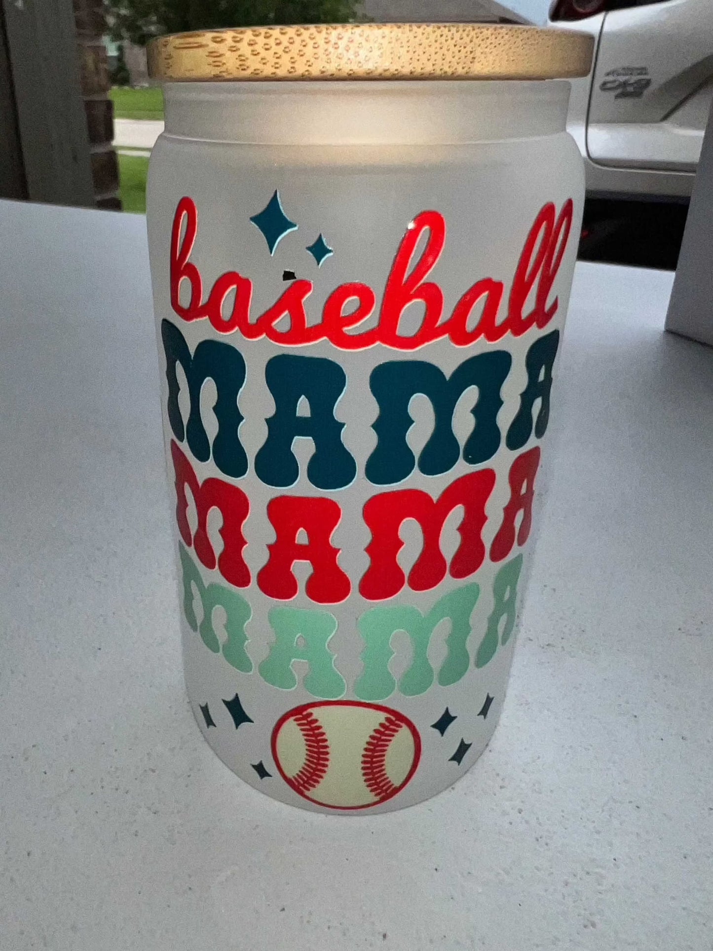 12oz Glass Cup with colorful "baseball mama" design and bamboo lid.