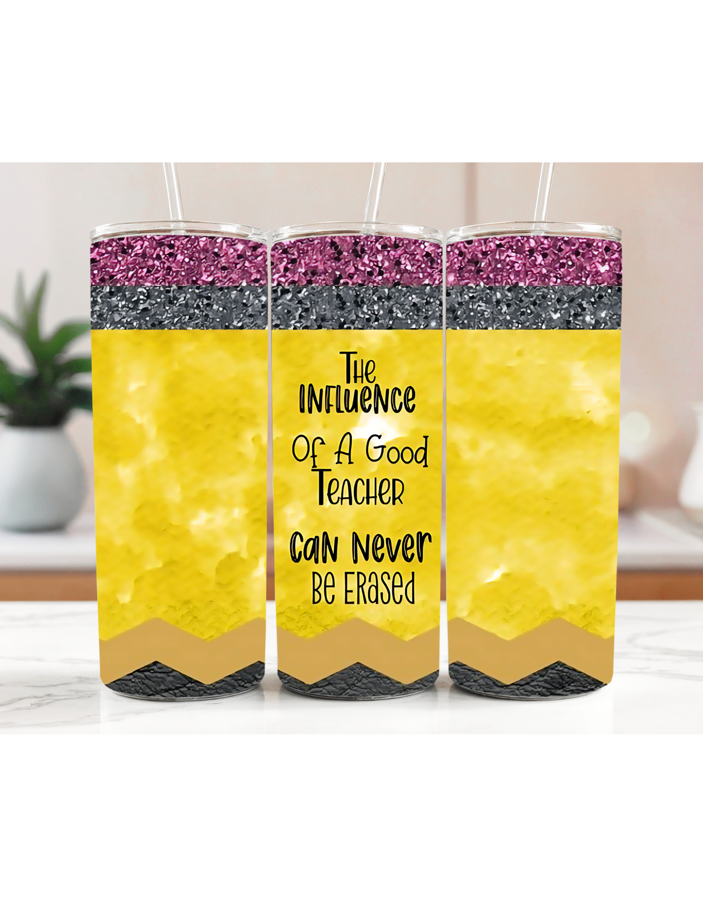 teacher tumblers with colorful pencil design and inspiring quote