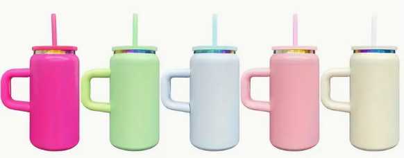 Colorful stainless steel tumblers with handles and lids.