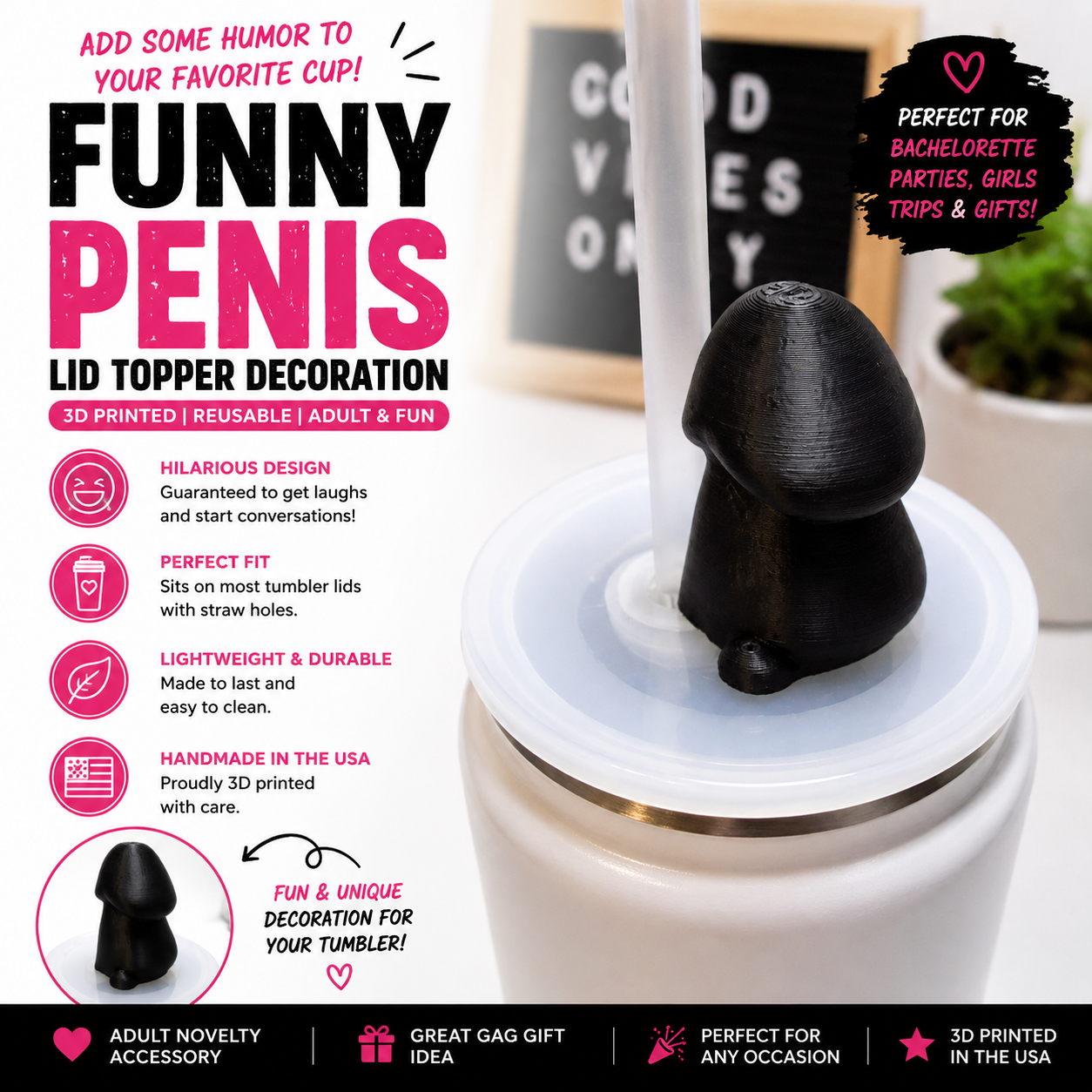 Funny black 3D printed penis lid topper decoration displayed on a reusable tumbler lid for a novelty adult drink accessory.