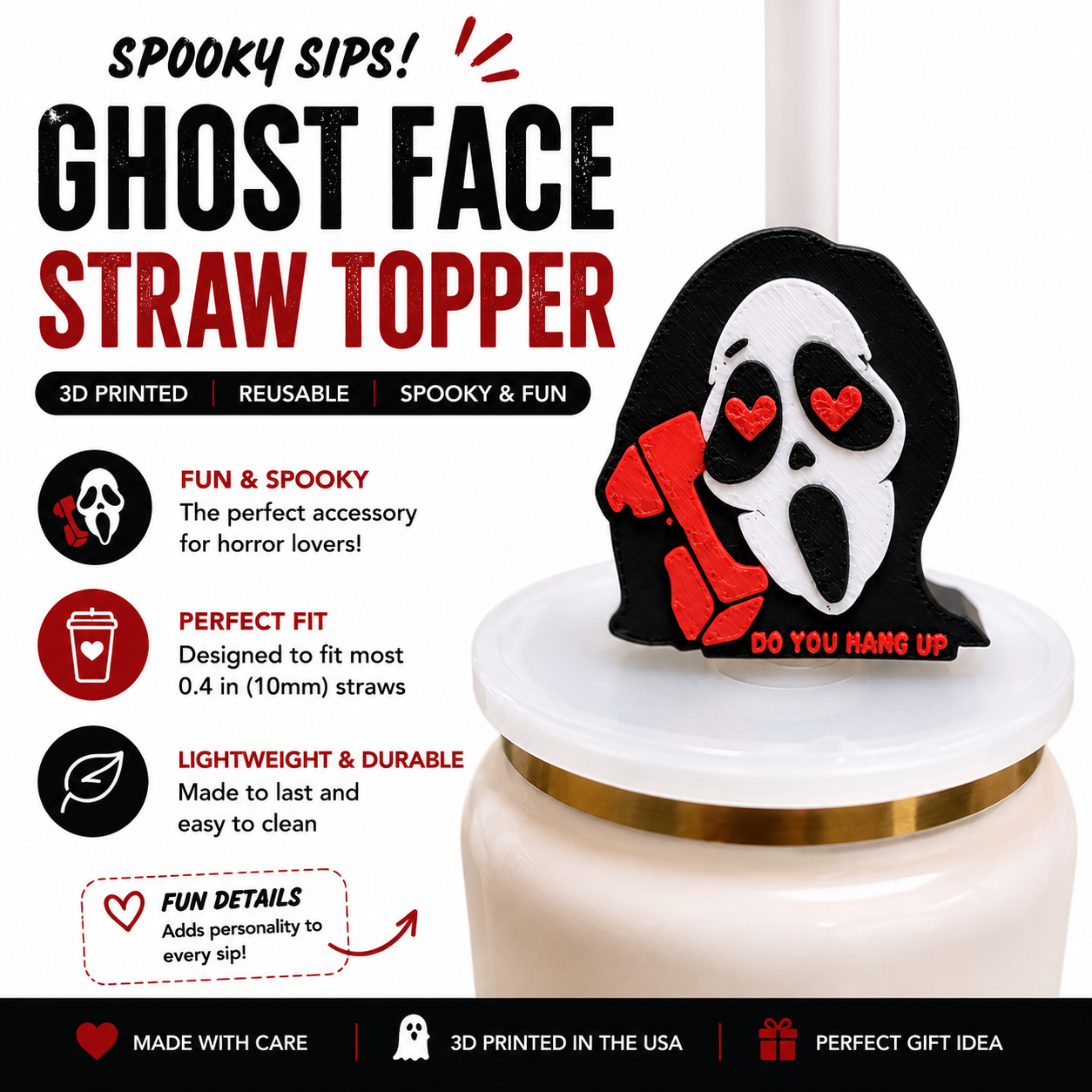 Horror phone call inspired 3D printed straw topper featuring a masked character with heart eyes and a phone for 10mm reusable straws.