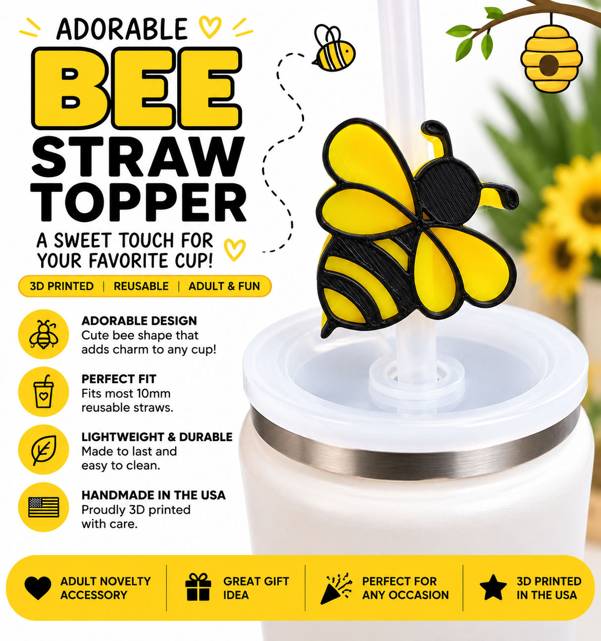 Bee Straw Topper | 3D Printed Bumble Bee Straw Accessory for Tumblers
