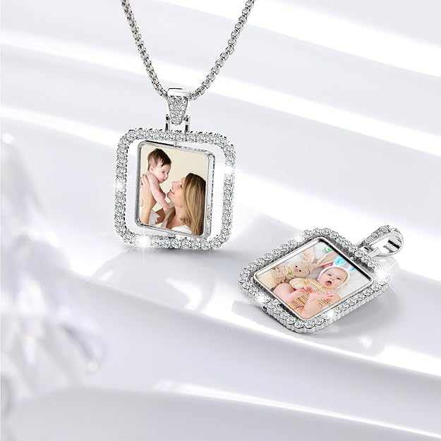 Elegant silver photo jewelry set featuring a pendant and locket.