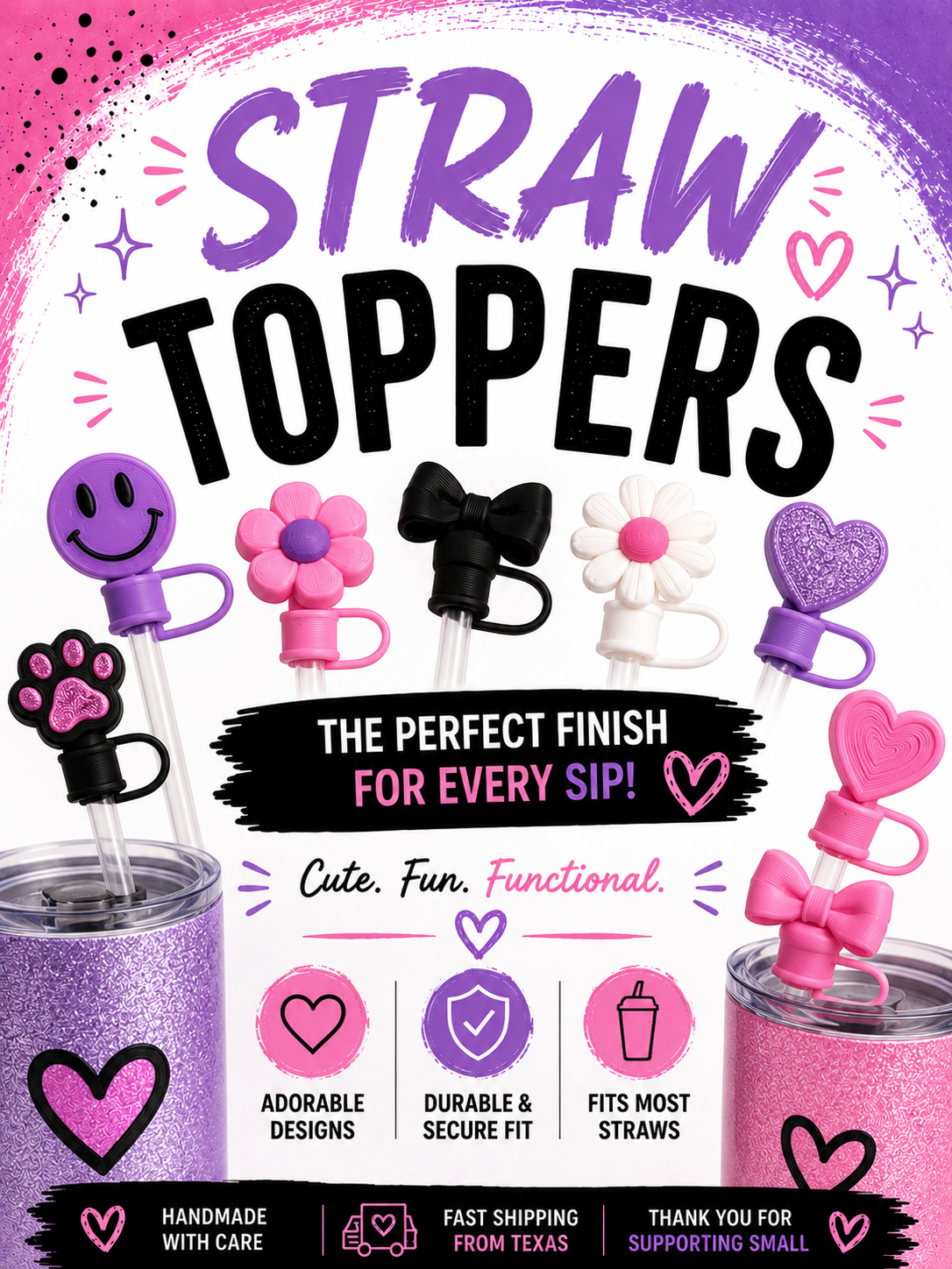 "3D printed straw toppers for tumblers and reusable cups featuring decorative bows, flowers, hearts, smiley faces, and other fun straw accessories."