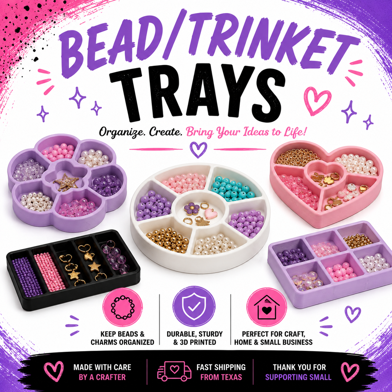 "3D printed bead and trinket tray for organizing beads, jewelry, rhinestones, charms, and small craft supplies in a craft workspace."