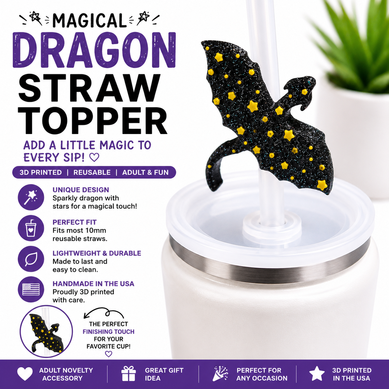 Black glitter dragon straw topper with yellow stars attached to a reusable straw on a white tumbler lid.