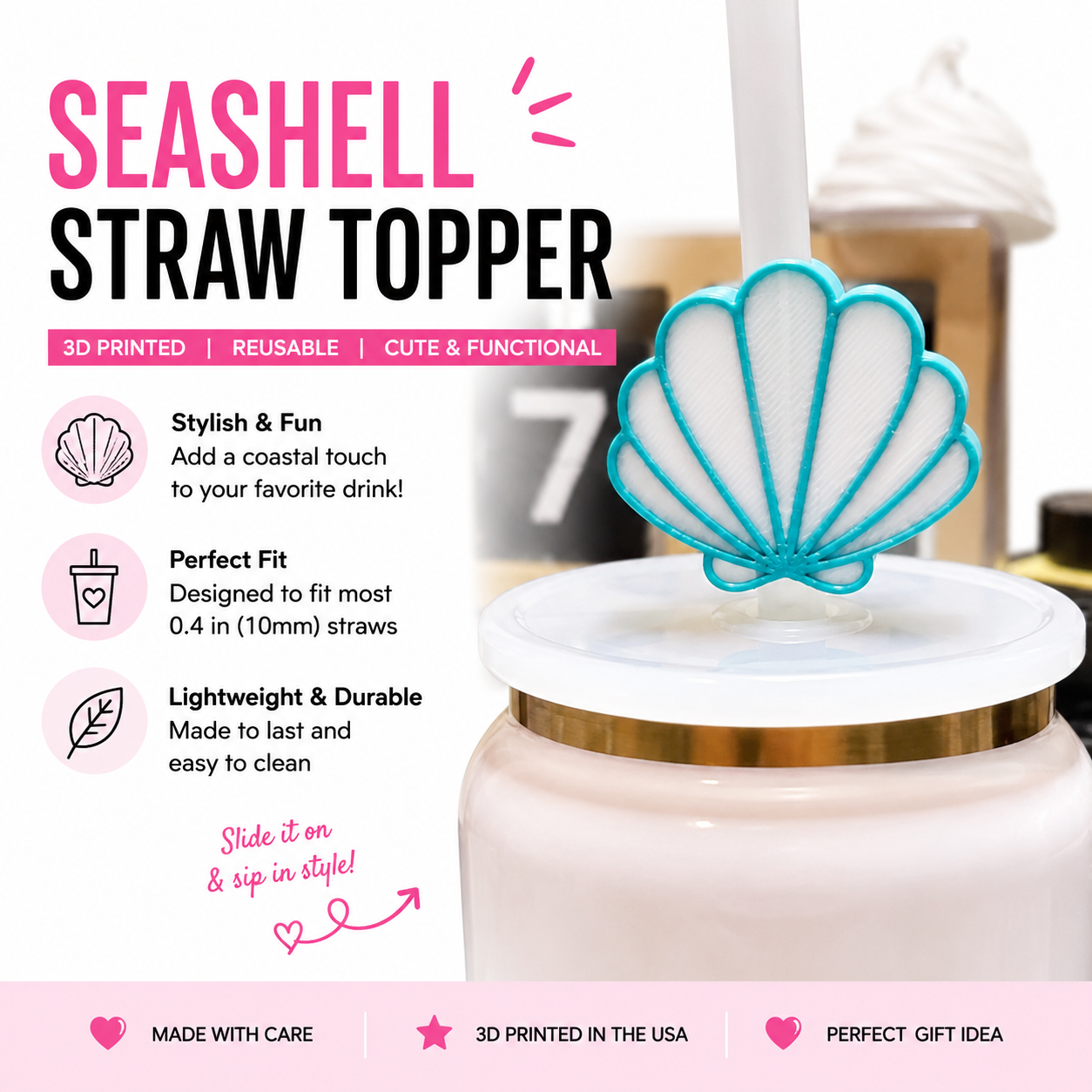 White and teal seashell 3D printed straw topper attached to a reusable straw on a tumbler cup.