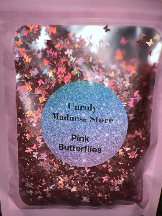 Pink butterflies shaped glitter in 2oz polyester package