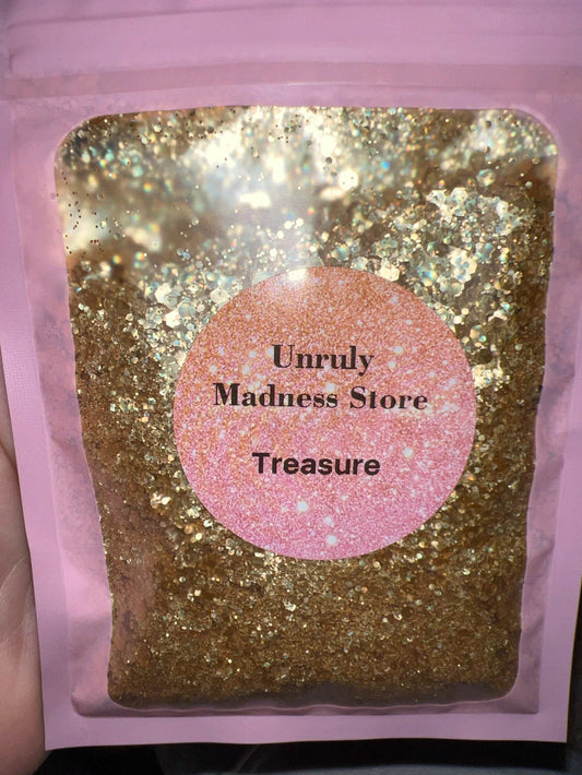 2oz packet of gold polyester glitter named Treasure from Unruly Madness Store