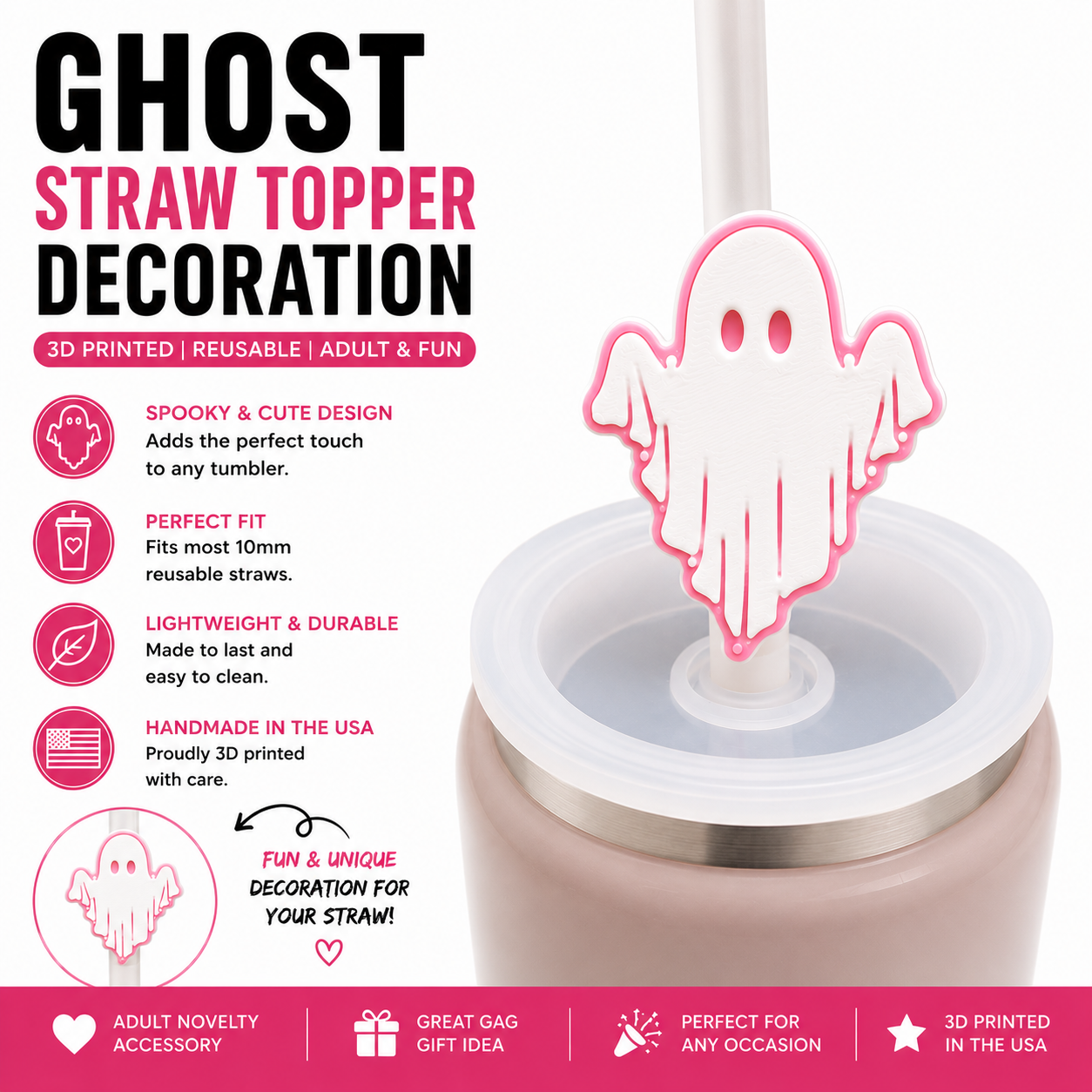 Cute white ghost straw topper with pink outline on reusable tumbler straw, 3D printed Halloween cup accessory.