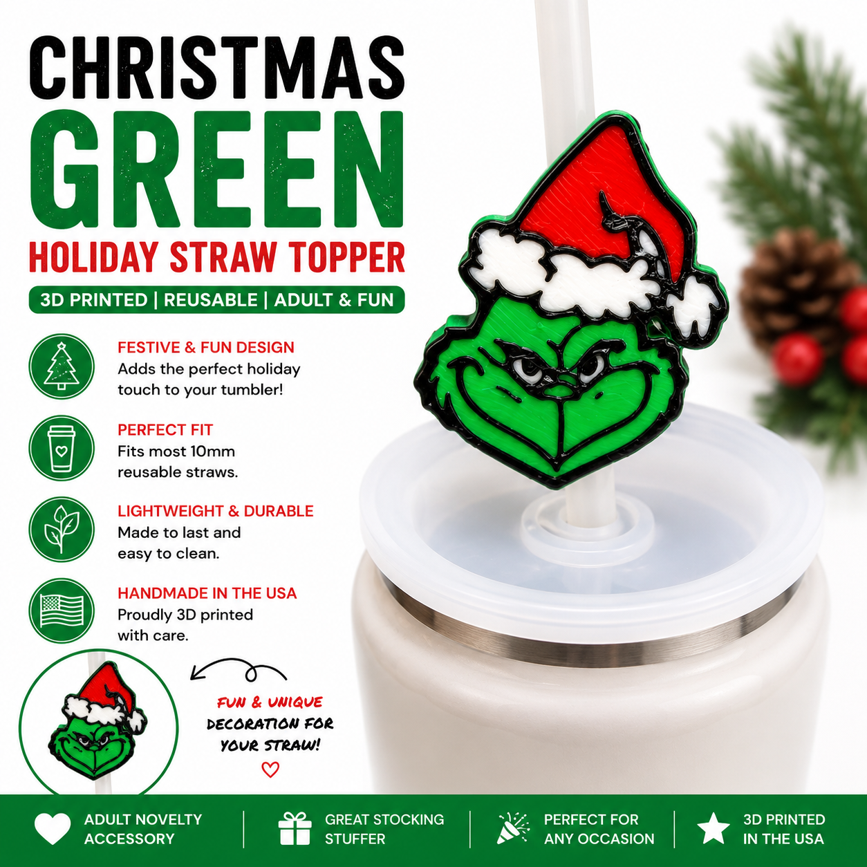 Green holiday character straw topper with Santa hat attached to a reusable tumbler straw, 3D printed Christmas cup accessory.