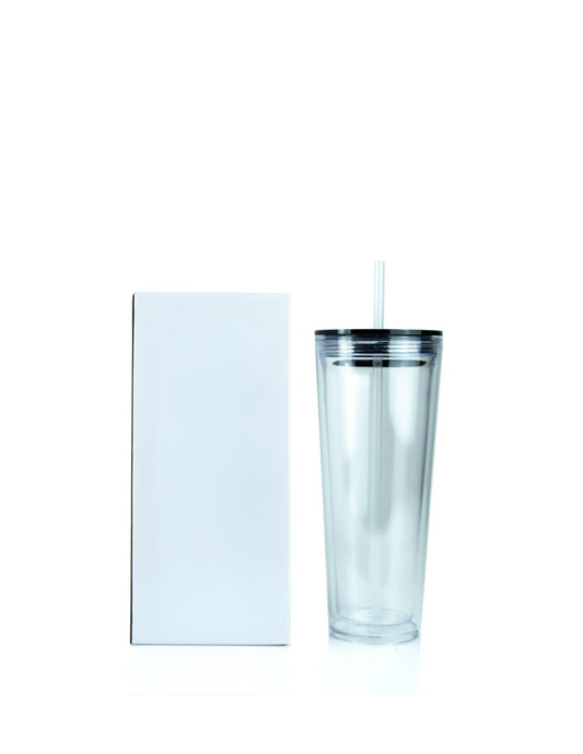 24oz clear acrylic tumbler with lid and straw next to white packaging box