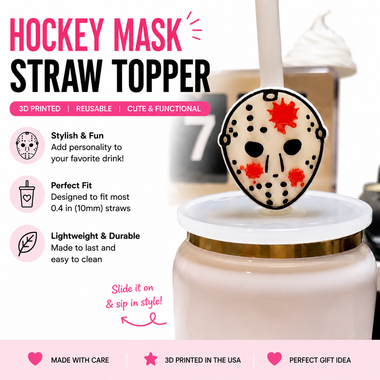 3D printed hockey mask straw topper attached to a reusable straw on a tumbler cup.