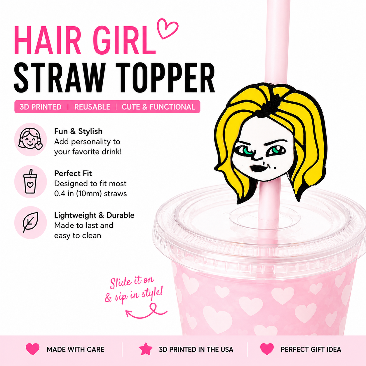 Blonde Hair Girl 3D printed straw topper attached to a reusable straw on a tumbler cup