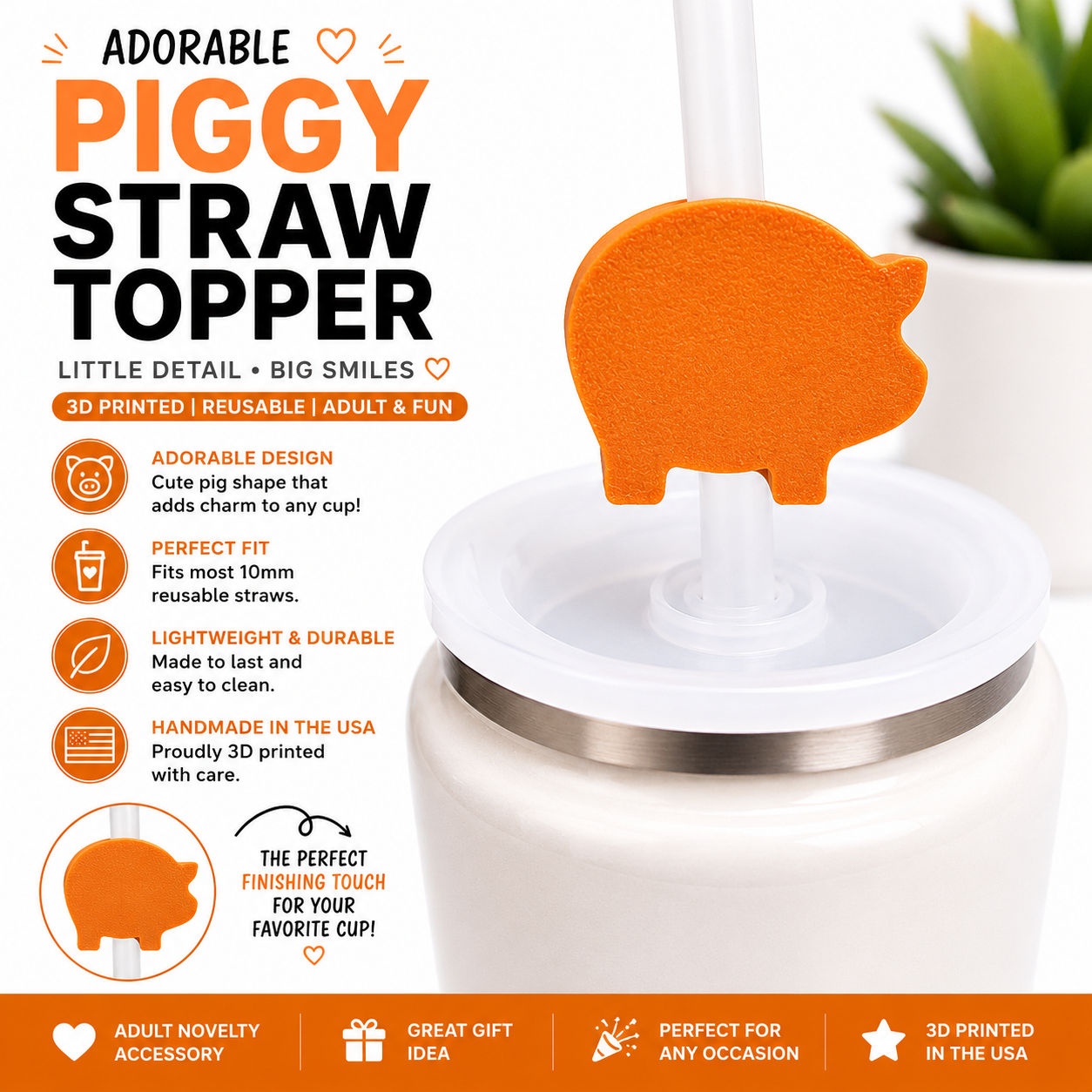 Brown 3D printed pig straw topper displayed on a white tumbler lid with a reusable straw.