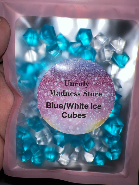 Blue and white 2 colored glitter polyester ice cubes in resealable packaging