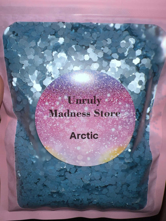 Arctic 2oz polyester glitter in hexagonal silver sparkle packaging