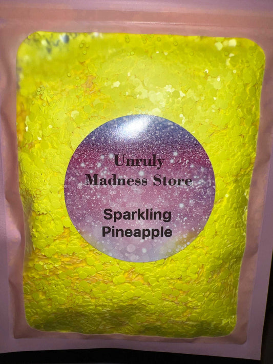 Bright yellow 2oz polyester glitter labeled Sparkling Pineapple from Unruly Madness Store