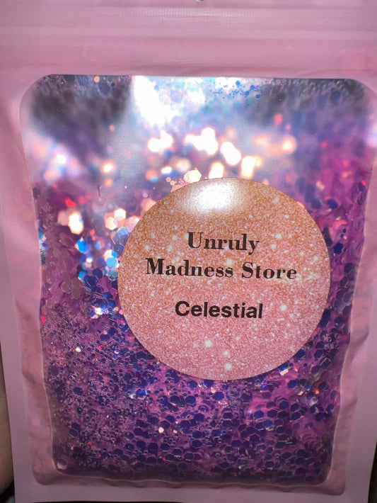Celestial 2oz polyester glitter in purple and blue hues packaged in a clear pouch