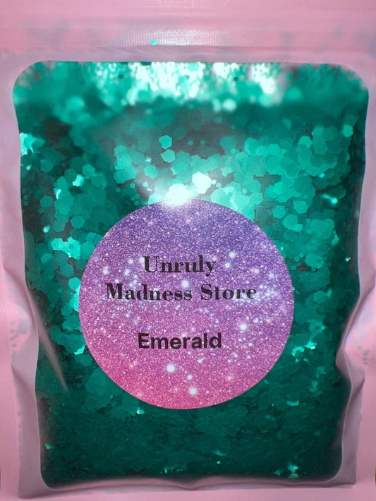 2oz bag of emerald green polyester glitter from Unruly Madness Store