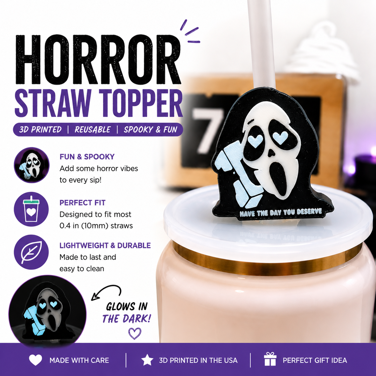 Glow in the dark horror-inspired 3D printed straw topper with heart-shaped eyes displayed on a reusable tumbler straw.