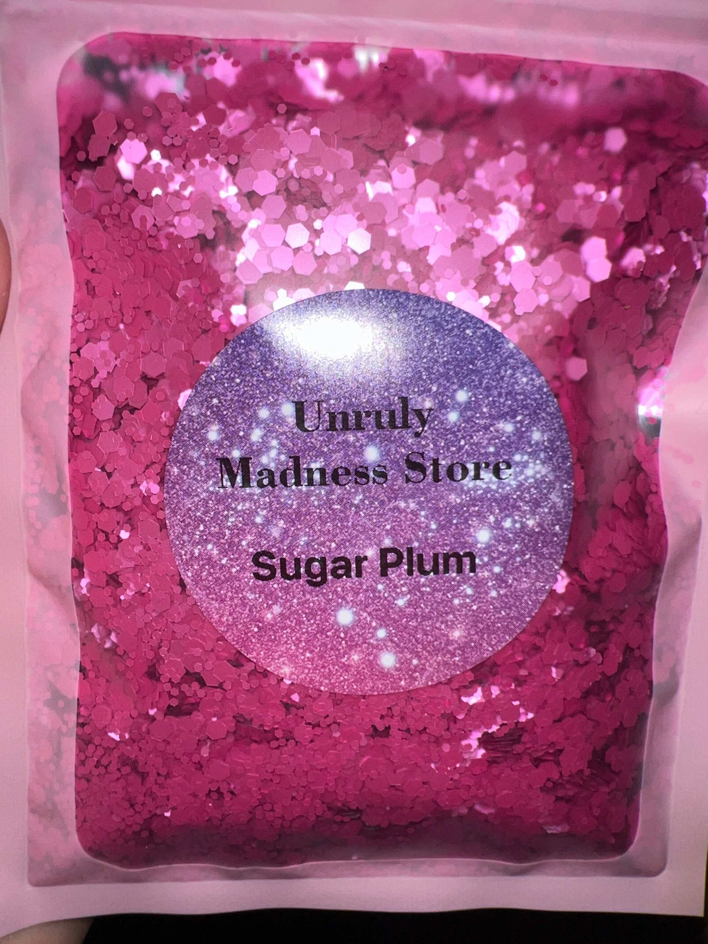 Sugar Plum 2oz pink polyester glitter in clear plastic pouch
