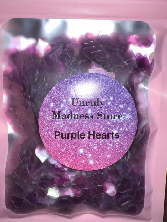 Purple Hearts Glitter 2oz polyester glitter in heart shapes in a pink resealable bag
