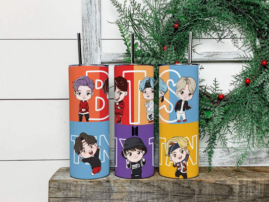20oz BTS Tumbler with vibrant BTS artwork and stainless steel design.