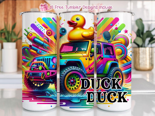 Colorful 20oz vehicle tumblers with vibrant car and rubber duck design.
