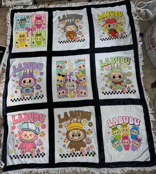 Labubu blanket featuring colorful cartoon designs and characters.