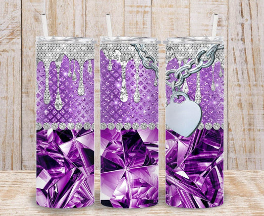 Purple 20oz Bling Bling Tumblers featuring sparkling crystals and chain design.