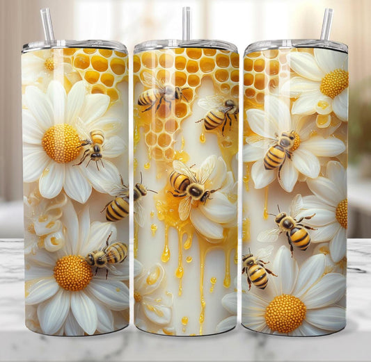 20oz Bee Tumblers with vibrant bee and floral design, showcasing high-quality stainless steel construction.
