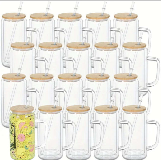 Set of clear 16oz snowglobe tumblers with handles, bamboo lids, and clear straws