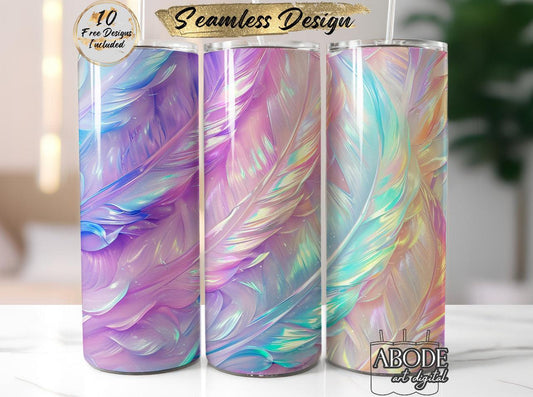 Colorful 20oz Feather Tumblers with seamless feather designs displayed on a countertop.