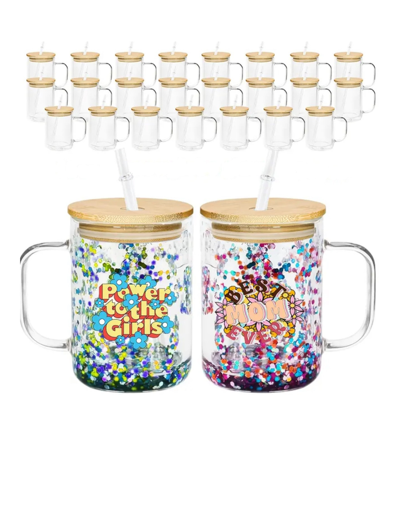 15oz glass snowglobe mugs with colorful confetti and wooden lids with straws