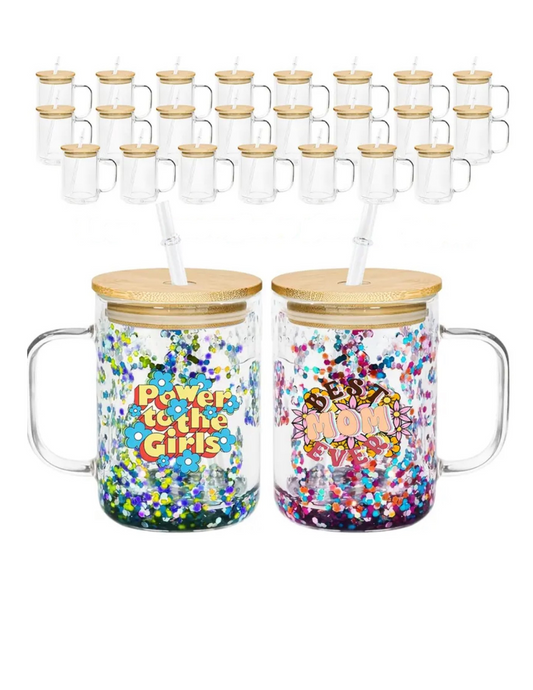 15oz glass snowglobe mugs with colorful confetti and wooden lids with straws