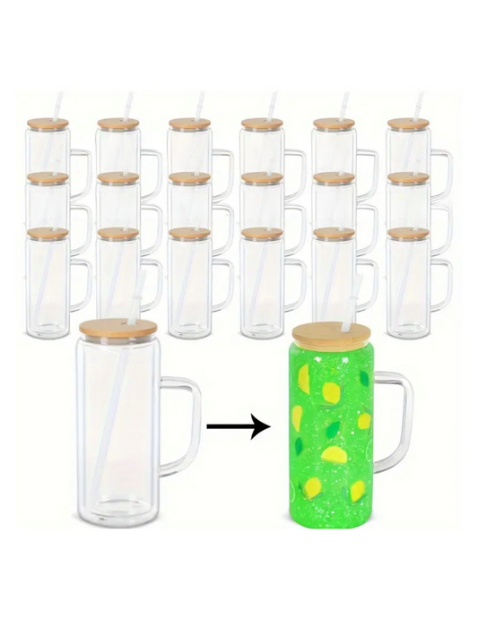 20oz snowglobe tumbler with handle and wooden lid showing clear and filled green liquid versions