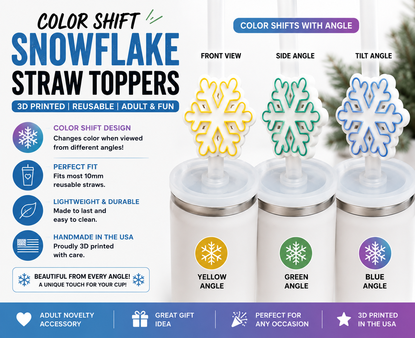 Color Shift Snowflake 3D printed straw topper for reusable tumblers featuring yellow, green, and blue color shifting filament.