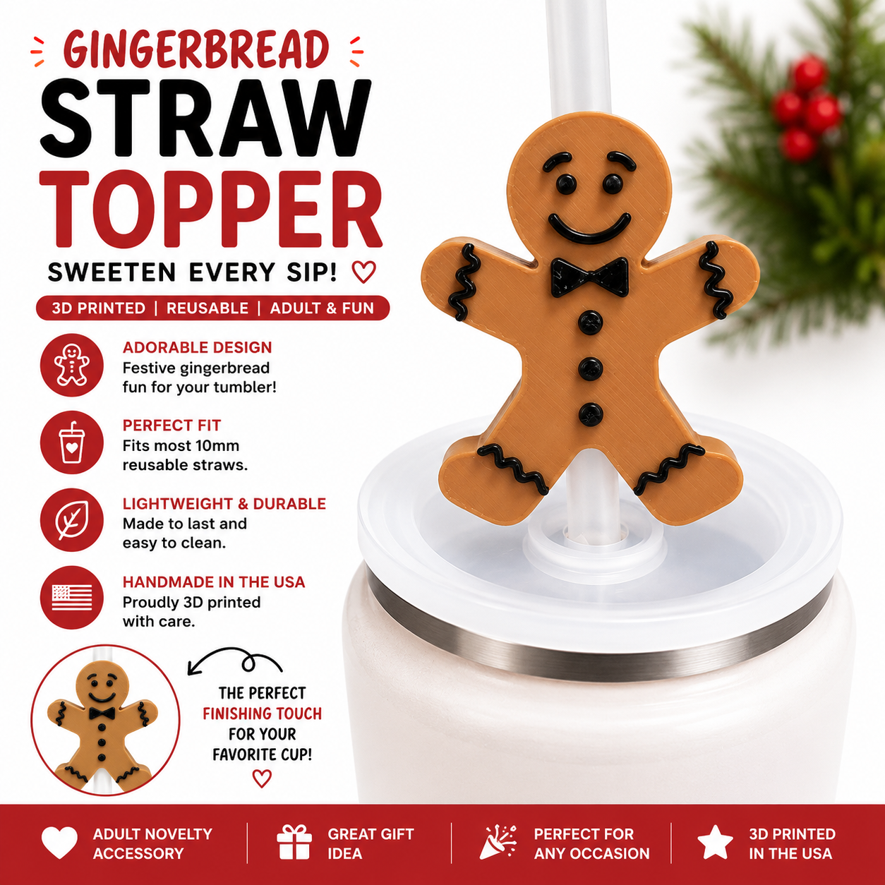 Brown 3D printed gingerbread man straw topper with black icing details displayed on a white tumbler lid for Christmas drink decoration.