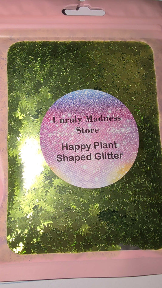 Happy plant shaped green polyester glitter in 2oz pink resealable bag