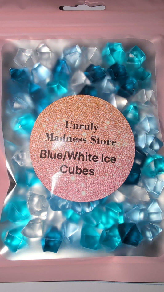 Blue and white 2 colored ice cubes in a pink resealable bag with glitter label