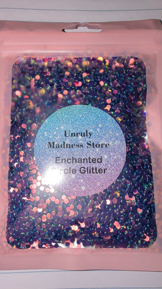 Enchanted Circle Glitter 2oz polyester glitter in resealable pink pouch with holographic label